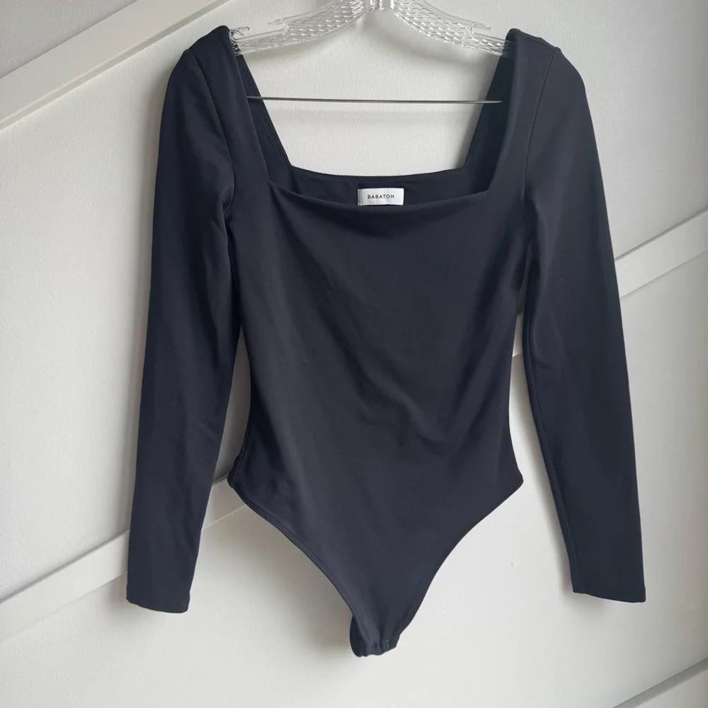 Aritzia Babaton Contour Black Square Neck Long Sleeve Bodysuit Sz M - Picture 9 of 13